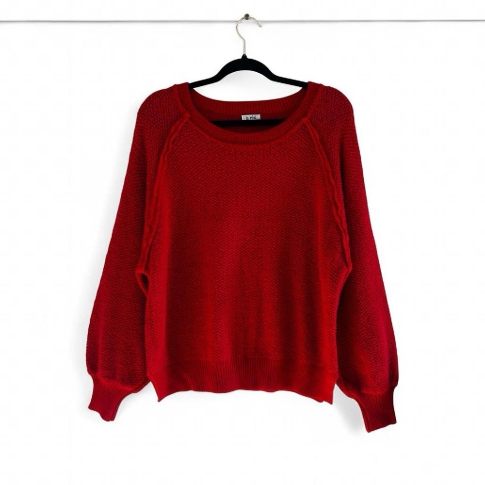 La Miel Red Textured Knit Sweater Women Small Balloon Sleeve Pullover